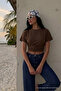 Women's Bat Sleeve Tight-Fitting Brown Crop T-Shirt - 4
