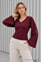Women's Stylish Body-Hugging V-Neck Burgundy Blouse - 4