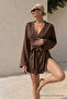 Women's Soft V-Neck Belted Brown Kimono - 3