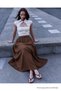 Women's Casual Elastic Waist Brown Long Skirt - 4