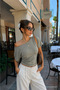 Women's Shoulder Detailed Boat Neck Gray Blouse - 4