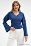 Women's V-Neck Long Sleeve Slim Fit Blue Blouse - 4