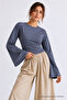 Women's Slim Fit Knitted Crew Neck Smoked Blouse - 4