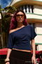 Women's Bodycon Boat Neck Navy Blue Blouse - 3