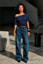 Women's Off-Shoulder Navy Blue Crop T-Shirt - 4