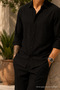 Men's Polo Collar Loose Black Muslin Shirt - 5