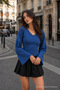 Women's V-Neck Casual Blue Blouse for the Transition Season - 4