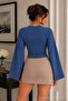 Women's Slim Off-Shoulder Blue Cotton Blouse - 3
