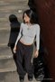 Women's Long Sleeve Tight Gray Crop T-Shirt - 5