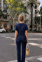 Women's Crew Neck Navy Blue Crop T-Shirt - 5