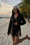 Women's V-Neck Casual Belted Black Kimono - 3