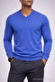 Men's Long Sleeve Loose V-Neck Blue Knit Sweater