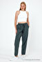 Dark Green High Waist Elastic Waist Linen Trousers - 5