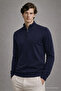 Men's Zippered Casual Navy Blue Knit Sweater - 6
