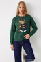 Women's Cmbn Teddy Bear Printed Red-Green Sweatshirt - 3