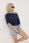 Women's Off-The-Shoulder Cotton Navy Blue Slim Fit T-Shirt - 4