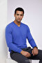 Men's Long Sleeve Loose V-Neck Blue Knit Sweater - 6
