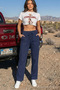 Women's Casual Summer Navy Blue Linen Trousers - 6