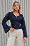 Women's Stylish Body-Hugging V-Neck Navy Blue Blouse