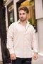 Men's Loose Fit Patterned Beige Linen Shirt - 5