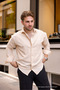 Men's Loose Fit Patterned Beige Linen Shirt - 4