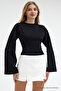 Kadın Basic Geniş Kol Siyah Crop Bluz