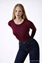 Women's Long Sleeve Crew Neck Burgundy Stylish Blouse - 2