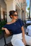 Women's Navy Blue Blouse with Shoulder Detail and Boat Neckline - 3