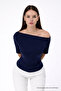 Women's Off-Shoulder Short Sleeve Navy Blue Tight Blouse - 2