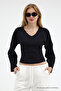 Women's V-Neck Long Sleeve Tight Black Blouse - 4