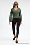 Women's V-Neck Long Sleeve Slim Fit Khaki Blouse - 5