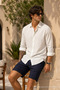 Men's Polo Collar Loose White Muslin Shirt - 4