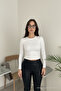 Kadın Basic Premium Dar Ekru Crop Tişört - 4