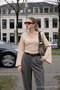 Women's Beige V-Neck Beltless Cotton Blouse