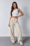 Women's Beige Stretch Fabric Palazzo Relaxed Wide-Leg Pants - 7