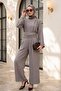 High Collar Pleated Detailed Pocketed Belted Strawberry Jumpsuit - Earthy - 3