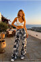 Women's High Waist Leaf Patterned Summer Fabric Trousers with Elastic Waist - 6