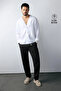 Men's Black Elastic Waist 100% Linen Relaxed Fit Trousers B003032