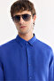 Men's Cobalt Blue Buttoned Collar 100% Linen Comfort Fit Shirt B002191 - 2