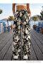Women's High Waist Leaf Patterned Loose Cut Elastic Waist Summer Fabric Trousers