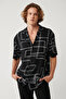Men's Black 100% Viscose Apaj Collar Printed Viscose Short Sleeve Oversize Fit Shirt A41Y2149 - 3