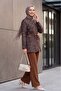 Top with Buttons, Pockets, Belt, Patterned Pants Dabıl Set - Tan - 4