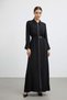 Women's Zippered Shirt Collar Long Dress with Belt at Waist-12667 Black