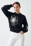 Black Floral Embroidered Crew Neck Knit Sweater - 2