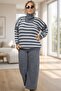 Front Half Zippered Striped Patterned 100% Acrylic Fabric Large Size Bottom Top Set - 6