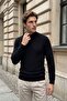 Men's Half Fisherman Black Sweater Knitwear Embossed Knit Solid Color Classic Fit - 5240B