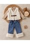 Lined Leather Belt Detailed Plush Vest, Flexible Cotton Bodysuit and Fuzzy Lycra Jeans, 3-Piece Baby Girl Set - 2