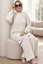 Low Balloon Sleeve Stripe Knitted Tunic Waist Elastic Pants Large Size Winter Knit Set - 4