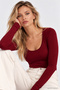 Women's Burgundy U Neck Stretchy Long Sleeve Cotton Blouse - 3