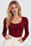 Women's Burgundy U Neck Stretchy Long Sleeve Cotton Blouse